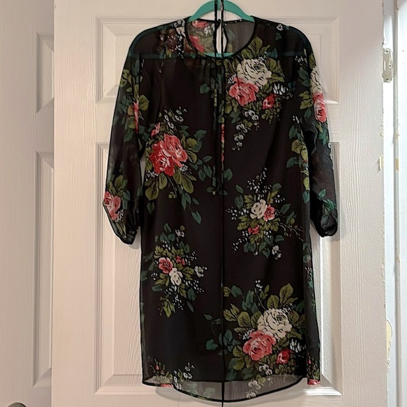 Gauzy navy floral petite LOFT dress with tie-waist - Picture 4 of 6